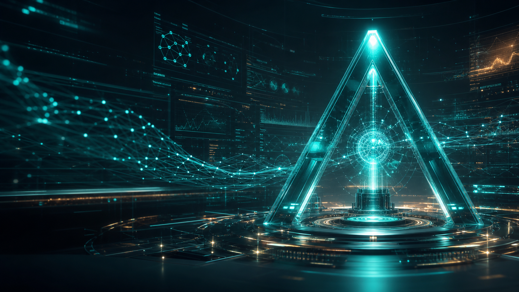 Abstract AI command center with glowing data systems